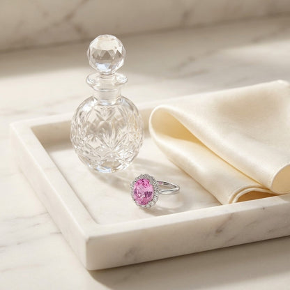 Oval Pink Sapphire And Diamond Halo Ring In 14k White Gold — marble silk