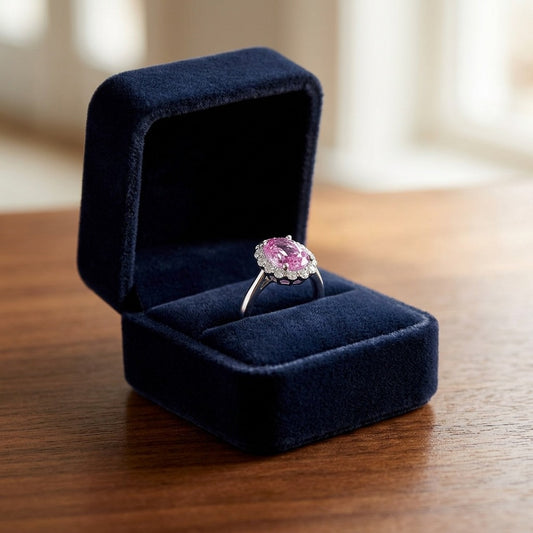 Oval Pink Sapphire And Diamond Halo Ring In 14k White Gold — velvet box