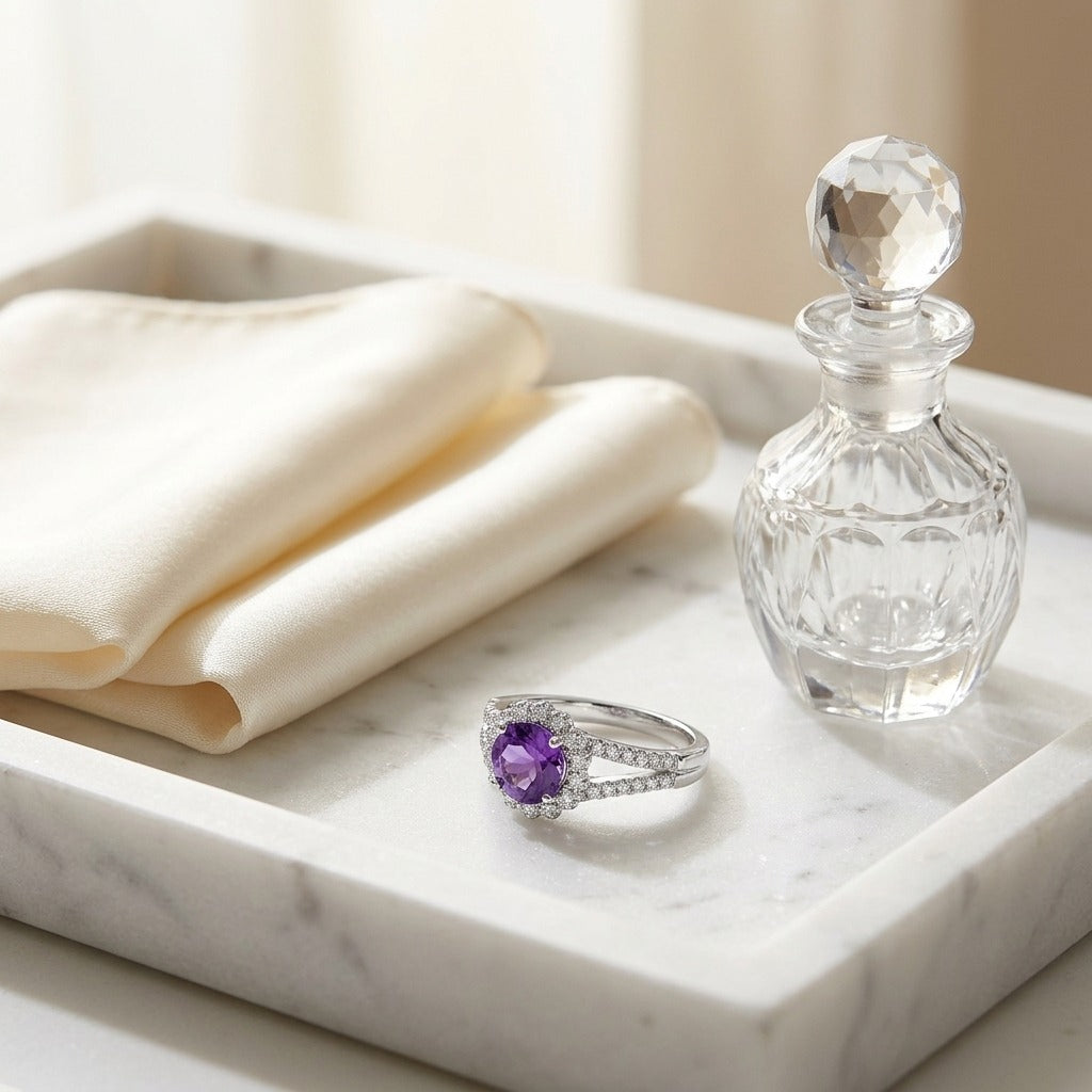 Amethyst And Diamond Split Shank Floral Ring In 14k White Gold — marble silk