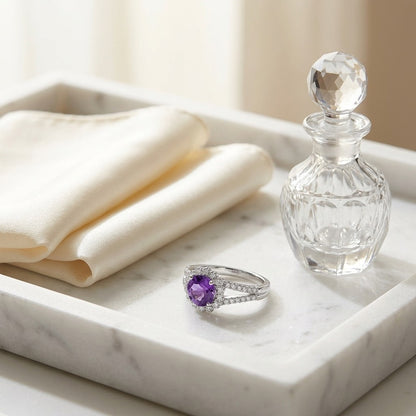 Amethyst And Diamond Split Shank Floral Ring In 14k White Gold — marble silk