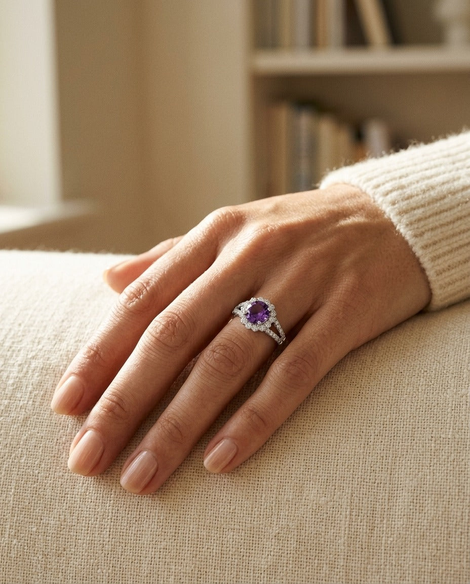 Amethyst And Diamond Split Shank Floral Ring In 14k White Gold — portrait close