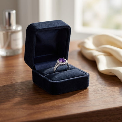 Amethyst And Diamond Split Shank Floral Ring In 14k White Gold — velvet box