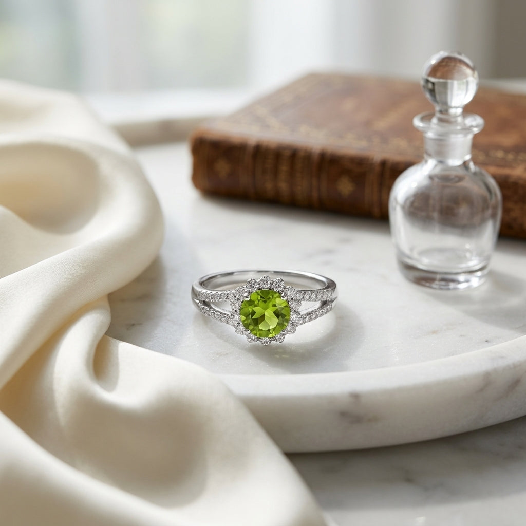 Peridot And Diamond Split Shank Flower Ring In 14k White Gold — atelier still life