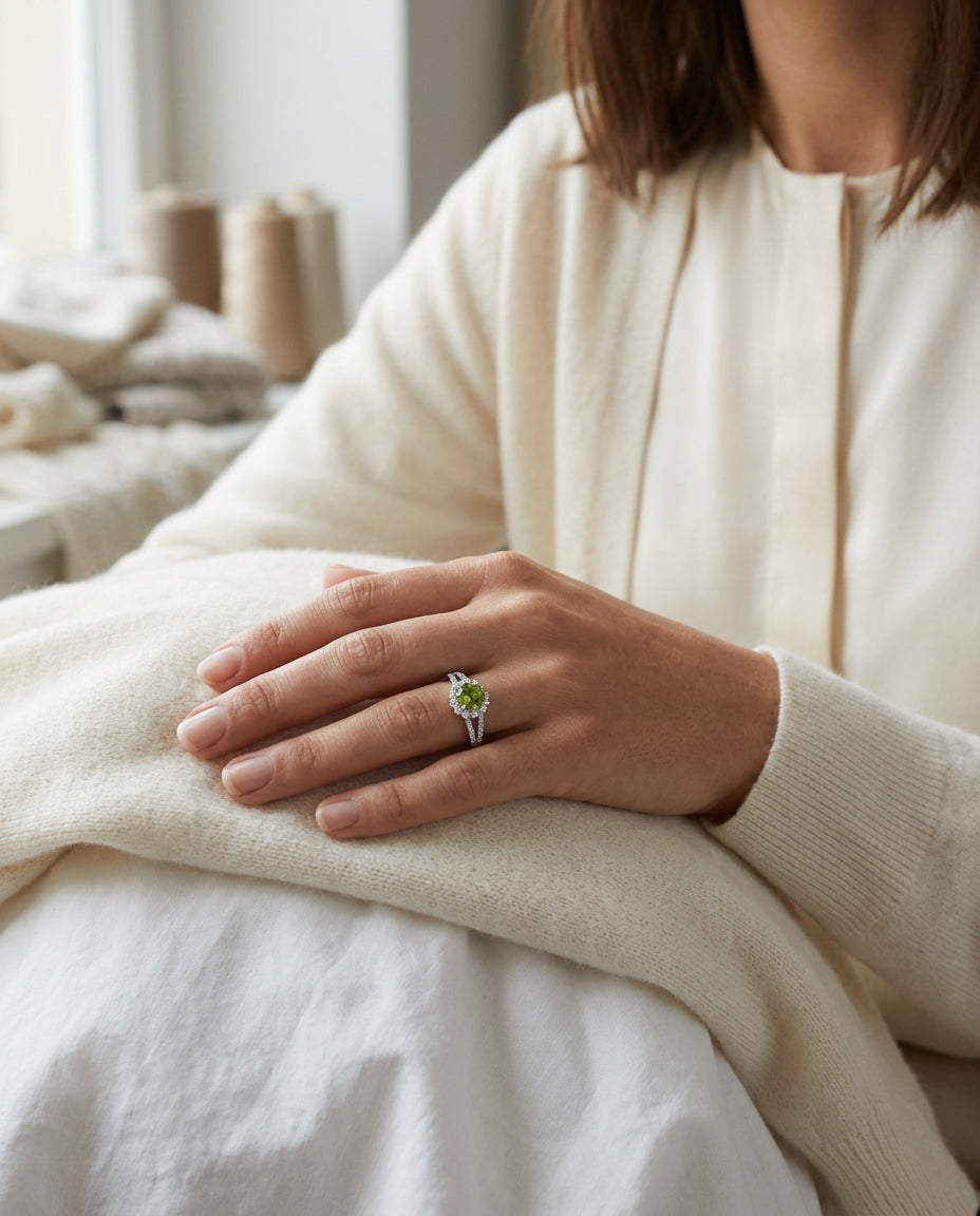 Peridot And Diamond Split Shank Flower Ring In 14k White Gold — editorial close-up