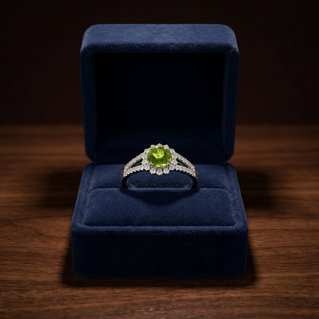 Peridot And Diamond Split Shank Flower Ring In 14k White Gold — gift presentation