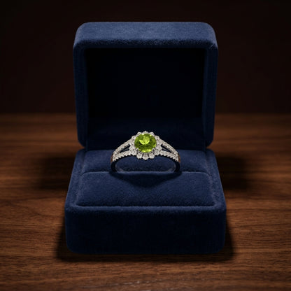 Peridot And Diamond Split Shank Flower Ring In 14k White Gold — gift presentation