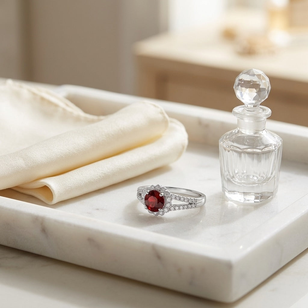 Ruby and Diamond Split Shank Flower Ring in 14k White Gold — marble silk