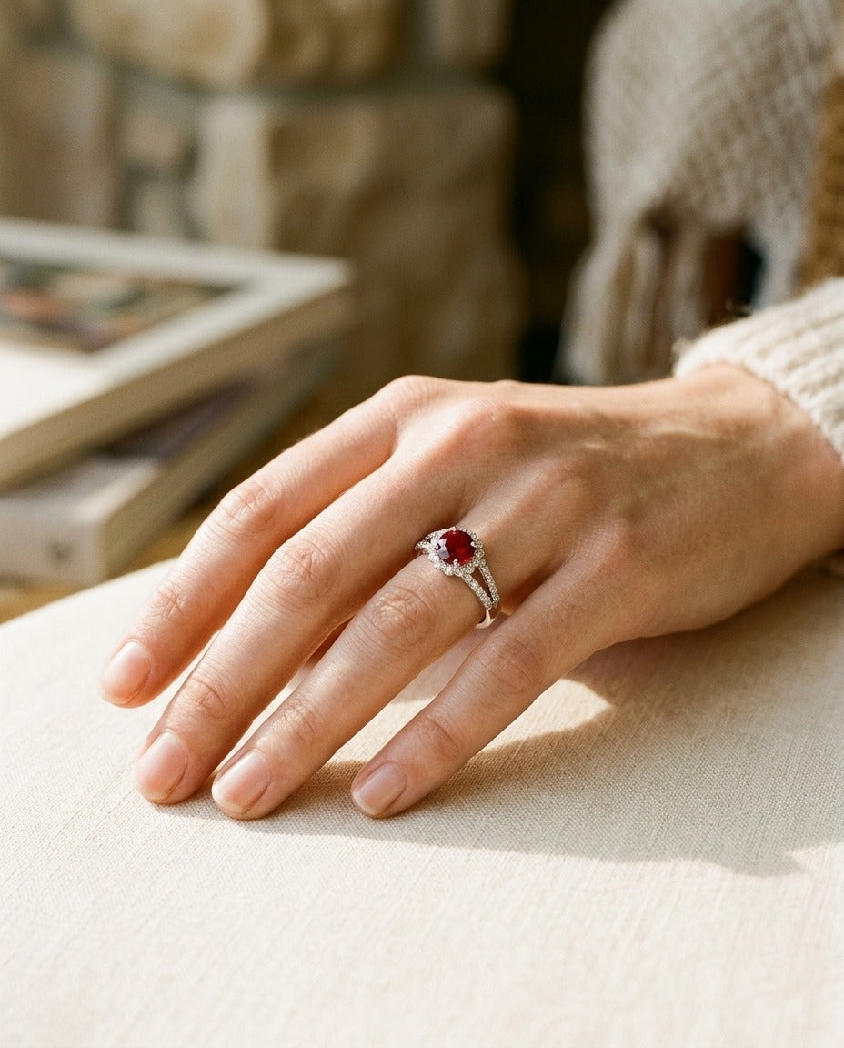 Ruby and Diamond Split Shank Flower Ring in 14k White Gold — portrait close
