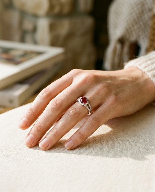 Ruby and Diamond Split Shank Flower Ring in 14k White Gold — portrait close