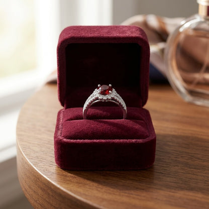 Ruby and Diamond Split Shank Flower Ring in 14k White Gold — velvet box