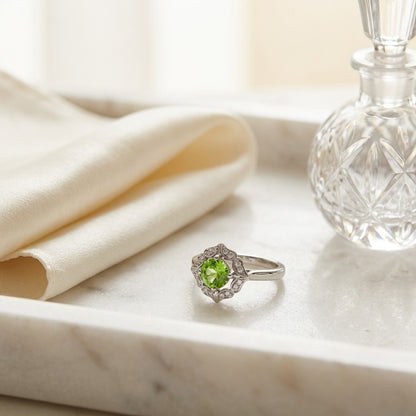 Peridot and Diamond Flower Ring in 14k White Gold — marble silk