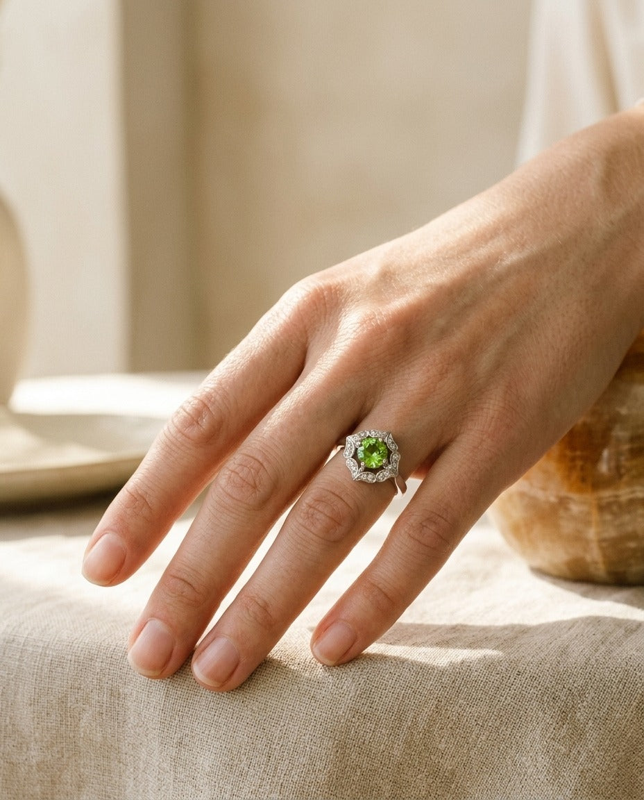 Peridot and Diamond Flower Ring in 14k White Gold — portrait close
