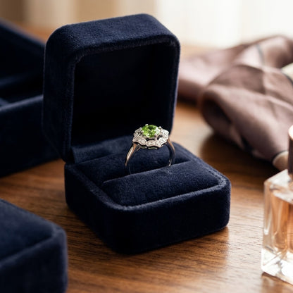 Peridot and Diamond Flower Ring in 14k White Gold — velvet box