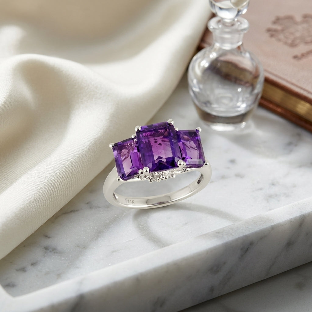 Amethyst And Diamond Emerald Cut 3 Stone Ring In 14k White Gold — atelier still life