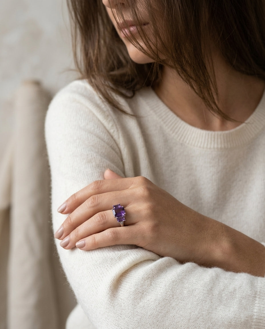 Amethyst And Diamond Emerald Cut 3 Stone Ring In 14k White Gold — editorial close-up