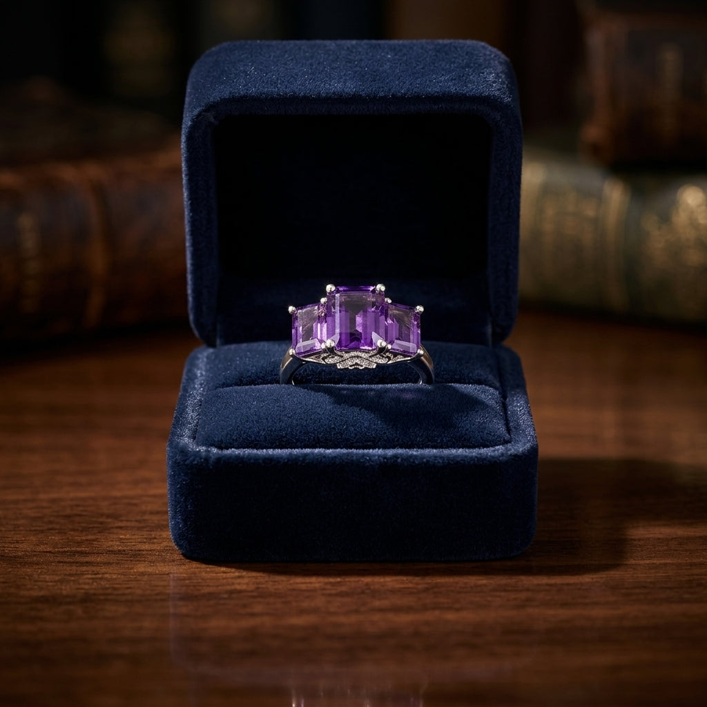 Amethyst And Diamond Emerald Cut 3 Stone Ring In 14k White Gold — gift presentation
