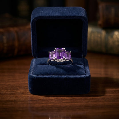 Amethyst And Diamond Emerald Cut 3 Stone Ring In 14k White Gold — gift presentation