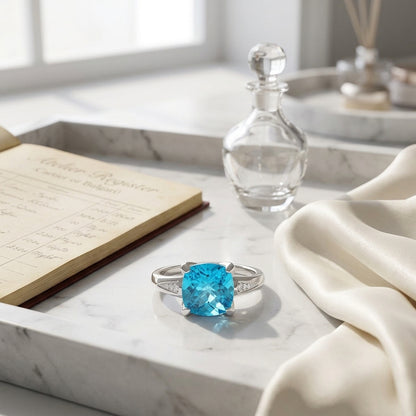 Blue Topaz Floral Ring With Diamond Accents In 14k White Gold — atelier still life