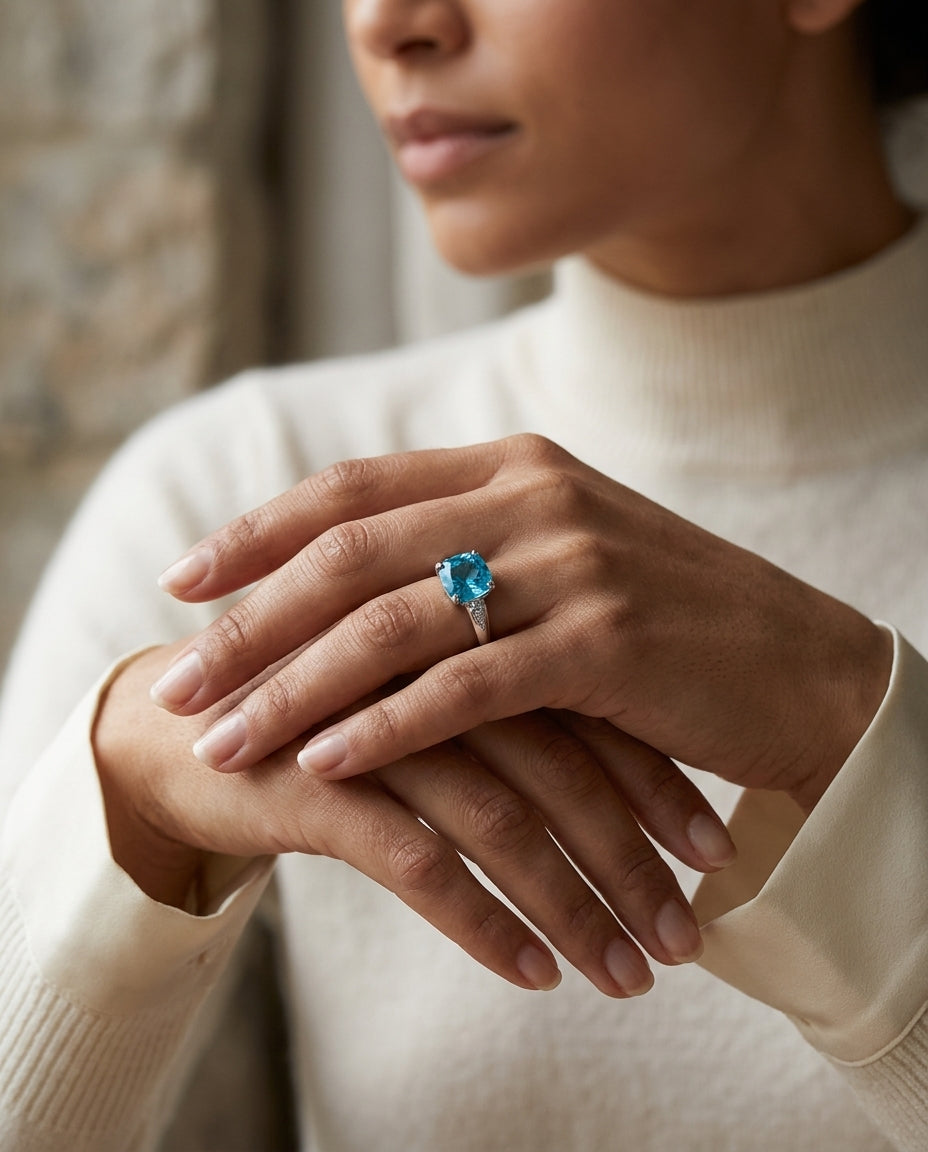 Blue Topaz Floral Ring With Diamond Accents In 14k White Gold — editorial close-up