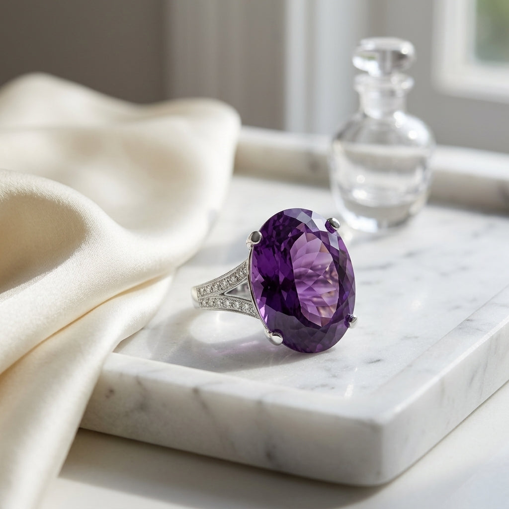 Amethyst And Diamond Bold Split Shank Ring In 14k White Gold (18x13mm Oval Center) — atelier still life