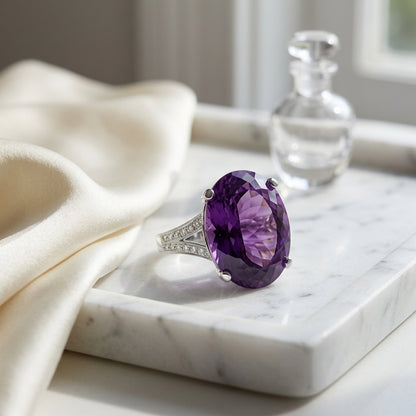 Amethyst And Diamond Bold Split Shank Ring In 14k White Gold (18x13mm Oval Center) — atelier still life