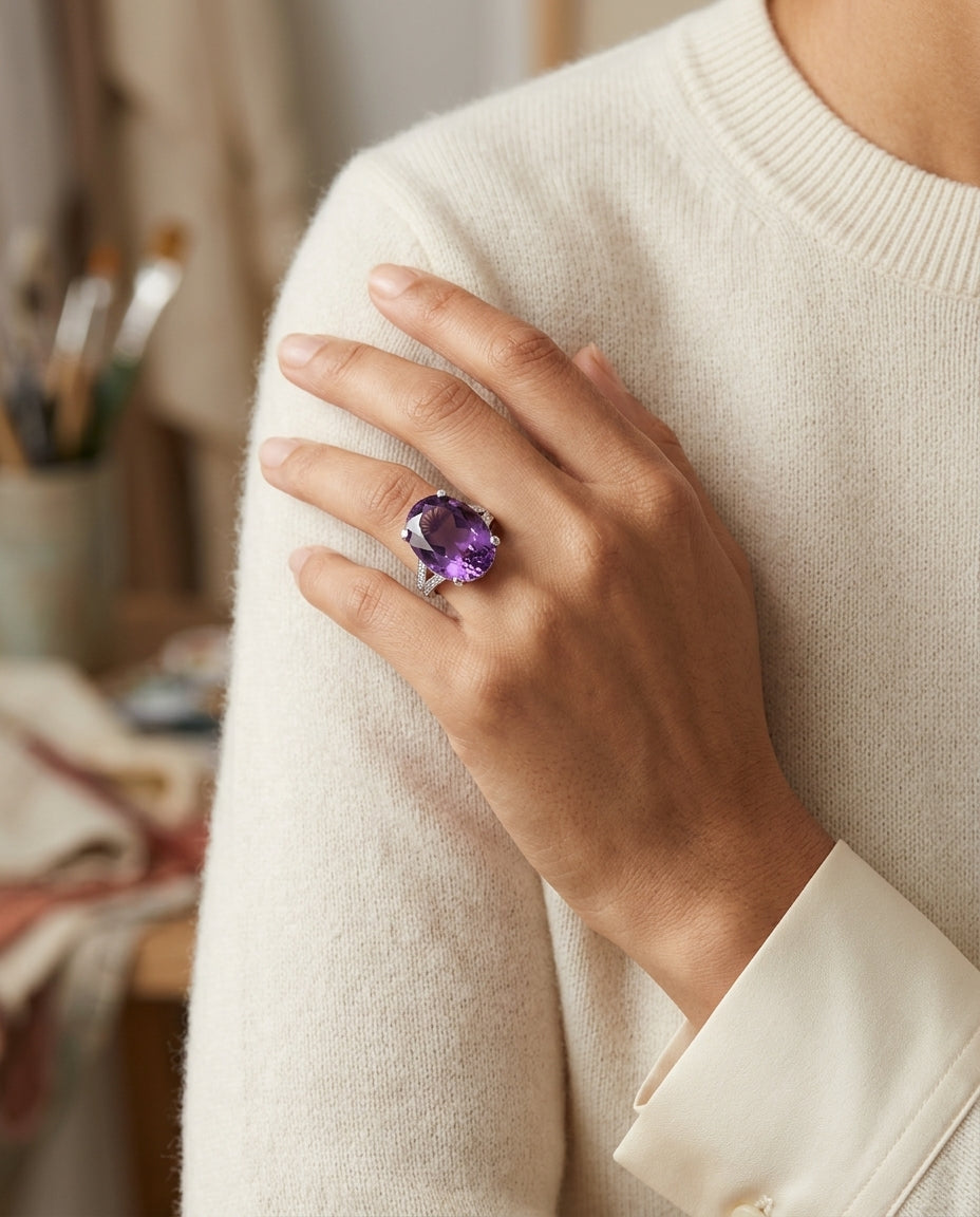 Amethyst And Diamond Bold Split Shank Ring In 14k White Gold (18x13mm Oval Center) — editorial close-up