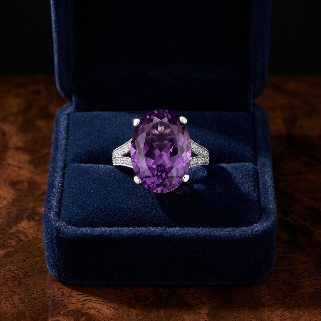 Amethyst And Diamond Bold Split Shank Ring In 14k White Gold (18x13mm Oval Center) — gift presentation