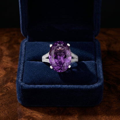 Amethyst And Diamond Bold Split Shank Ring In 14k White Gold (18x13mm Oval Center) — gift presentation