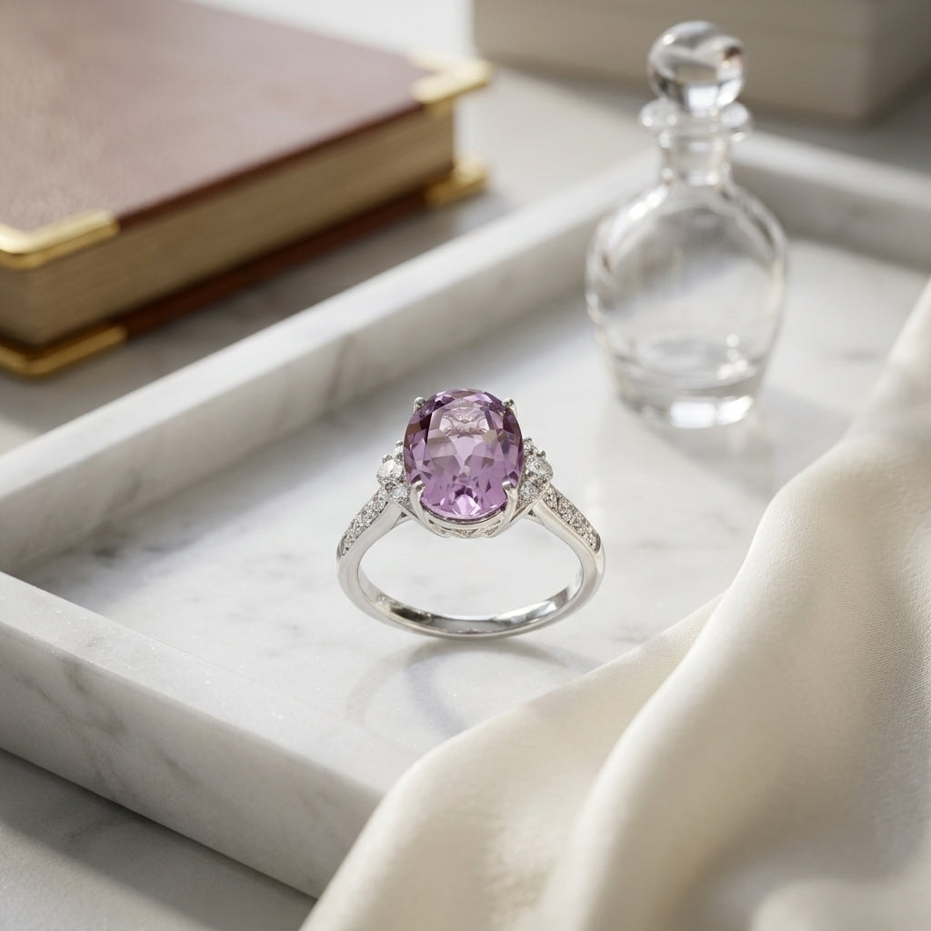 Amethyst Oval & Diamond Ring  14k White Gold  (0.33ctw) — atelier still life