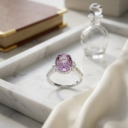 Amethyst Oval & Diamond Ring  14k White Gold  (0.33ctw) — atelier still life