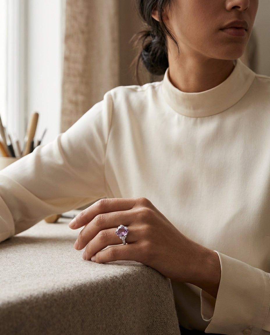 Amethyst Oval & Diamond Ring  14k White Gold  (0.33ctw) — editorial close-up