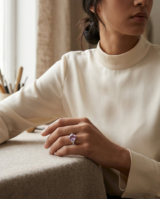 Amethyst Oval & Diamond Ring  14k White Gold  (0.33ctw) — editorial close-up
