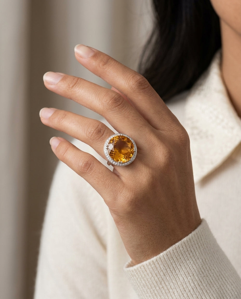 Citrine And Diamond Ring In 14k White Gold — editorial close-up