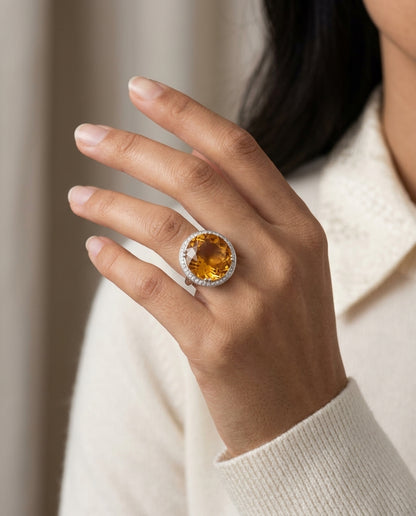 Citrine And Diamond Ring In 14k White Gold — editorial close-up