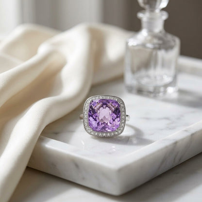 Large Amethyst Halo Diamond Ring In 14k White Gold — atelier still life