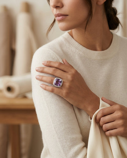Large Amethyst Halo Diamond Ring In 14k White Gold — editorial close-up