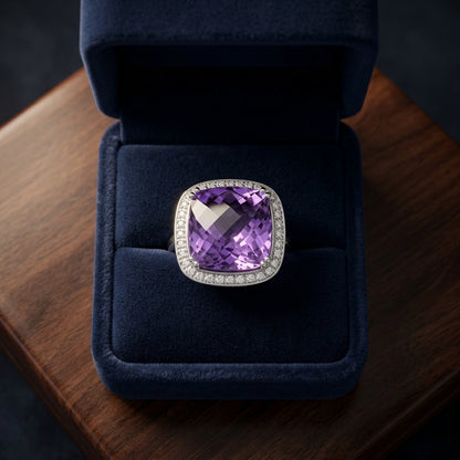 Large Amethyst Halo Diamond Ring In 14k White Gold — gift presentation