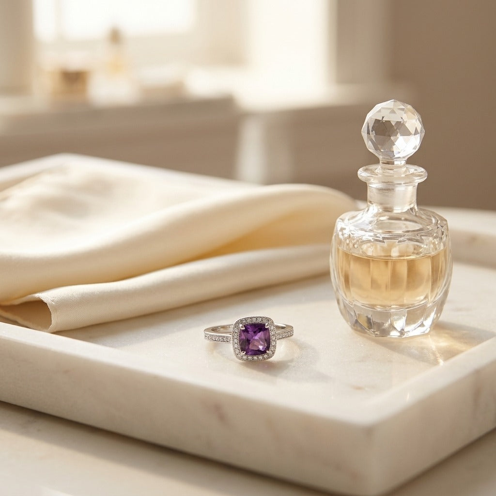 Amethyst & Diamond Halo Ring In 14k White Gold 0.20ctw — marble silk
