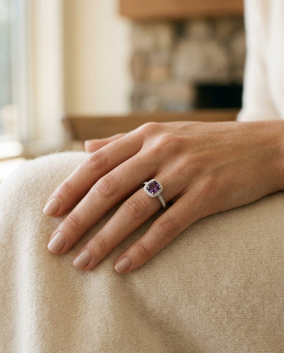 Amethyst & Diamond Halo Ring In 14k White Gold 0.20ctw — portrait close