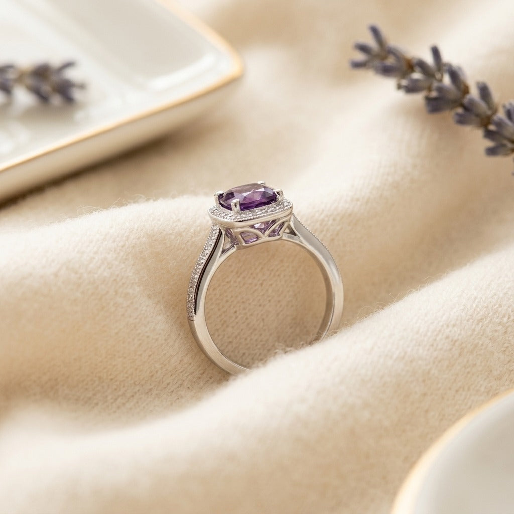 Amethyst & Diamond Halo Ring In 14k White Gold 0.20ctw — textile flat lay
