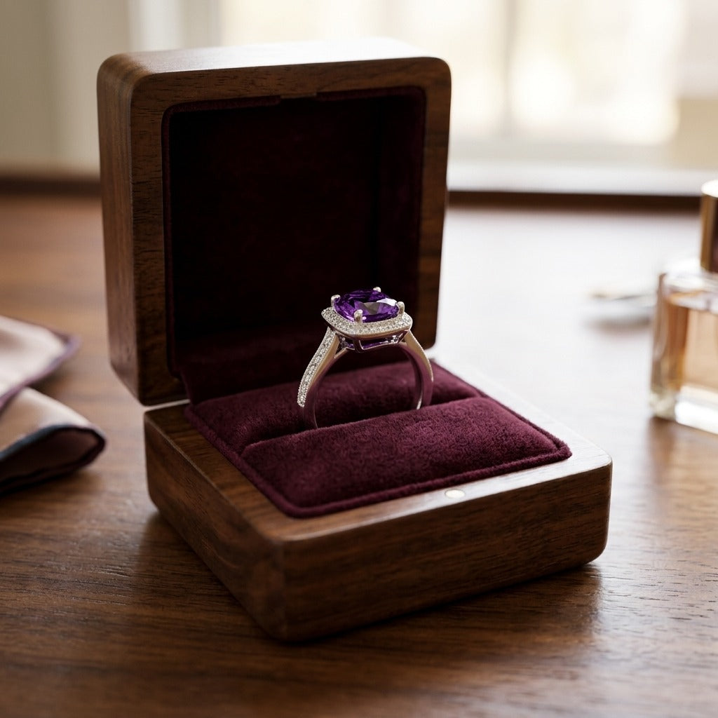 Amethyst & Diamond Halo Ring In 14k White Gold 0.20ctw — velvet box