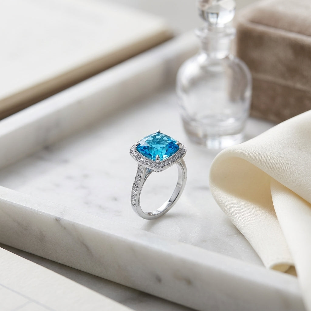 Swiss Blue Topaz Cushion And Diamond Halo Ring In 14k White Gold (1/5 Ct. Tw.) — atelier still life