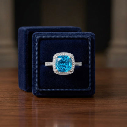 Swiss Blue Topaz Cushion And Diamond Halo Ring In 14k White Gold (1/5 Ct. Tw.) — gift presentation