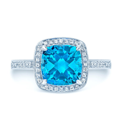 Swiss Blue Topaz Cushion And Diamond Halo Ring In 14k White Gold (1/5 Ct. Tw.)