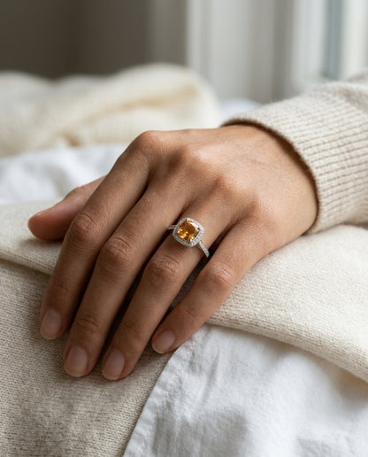 Citrine Square Cut And Diamond Ring In 14k White Gold — editorial close-up