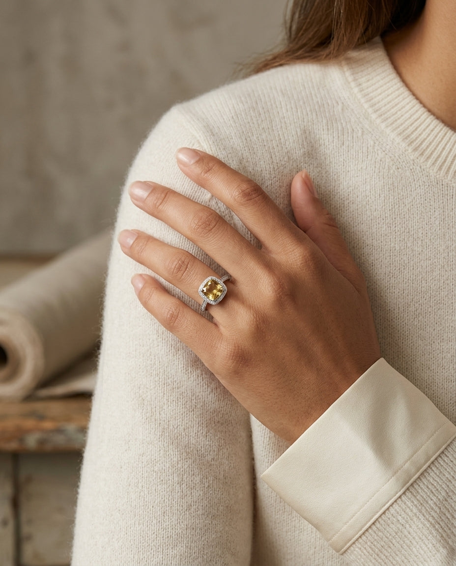 Yellow Sapphire And Diamond Halo Ring In 14k White Gold — editorial close-up