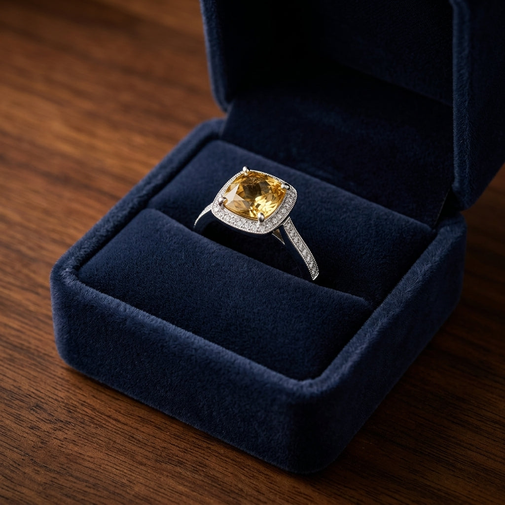 Yellow Sapphire And Diamond Halo Ring In 14k White Gold — gift presentation