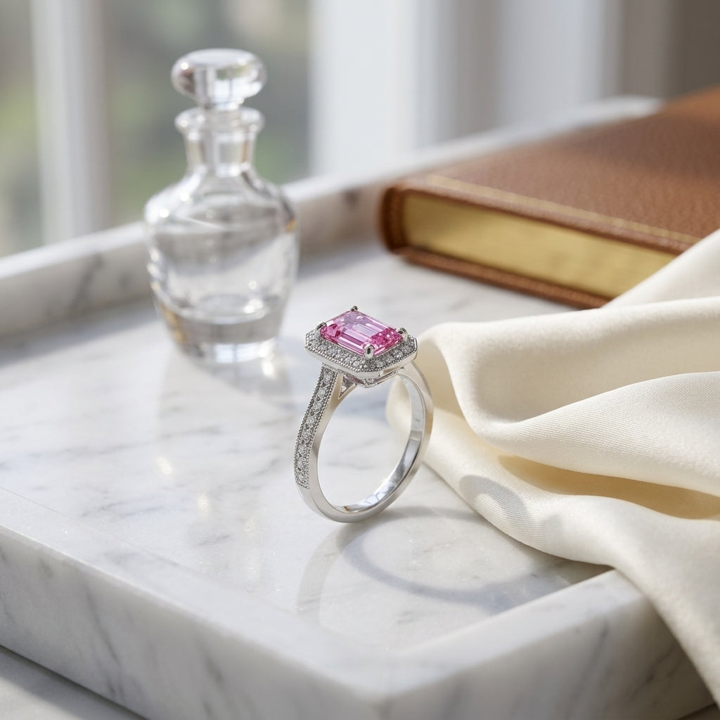 Pink Sapphire and Diamond Halo Ring in 14k White Gold — atelier still life