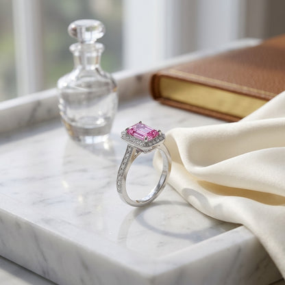 Pink Sapphire and Diamond Halo Ring in 14k White Gold — atelier still life