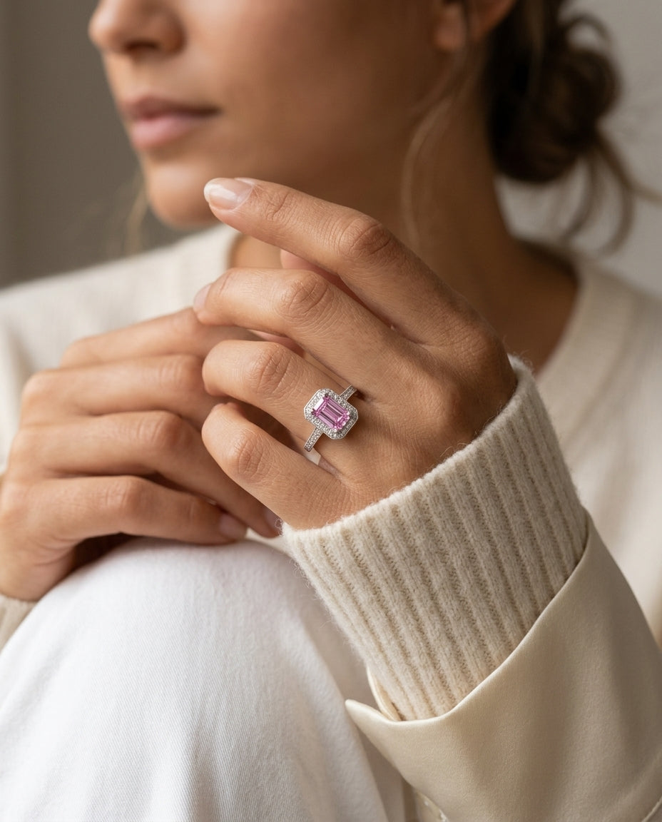 Pink Sapphire and Diamond Halo Ring in 14k White Gold — editorial close-up